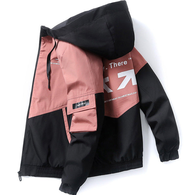 Zity Jacket Men Spring and Autumn  High Street Trendy Printing Cargo Coat Stitching Color Windproof  Hooded Coat  Zip Up Hoodie