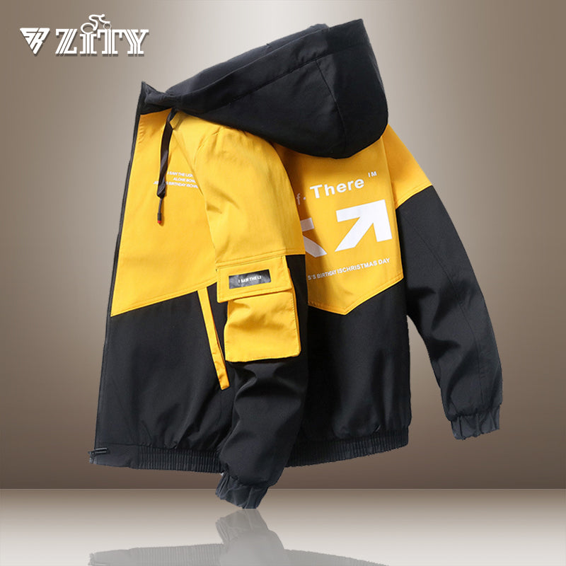 Zity Jacket Men Spring and Autumn  High Street Trendy Printing Cargo Coat Stitching Color Windproof  Hooded Coat  Zip Up Hoodie