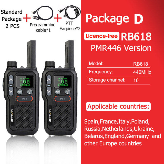 Retevis RB618 Mini Walkie Talkie Rechargeable Walkie-Talkies 1 or 2 pcs PTT PMR446 Long Range Portable Two-way Radio For Hunting