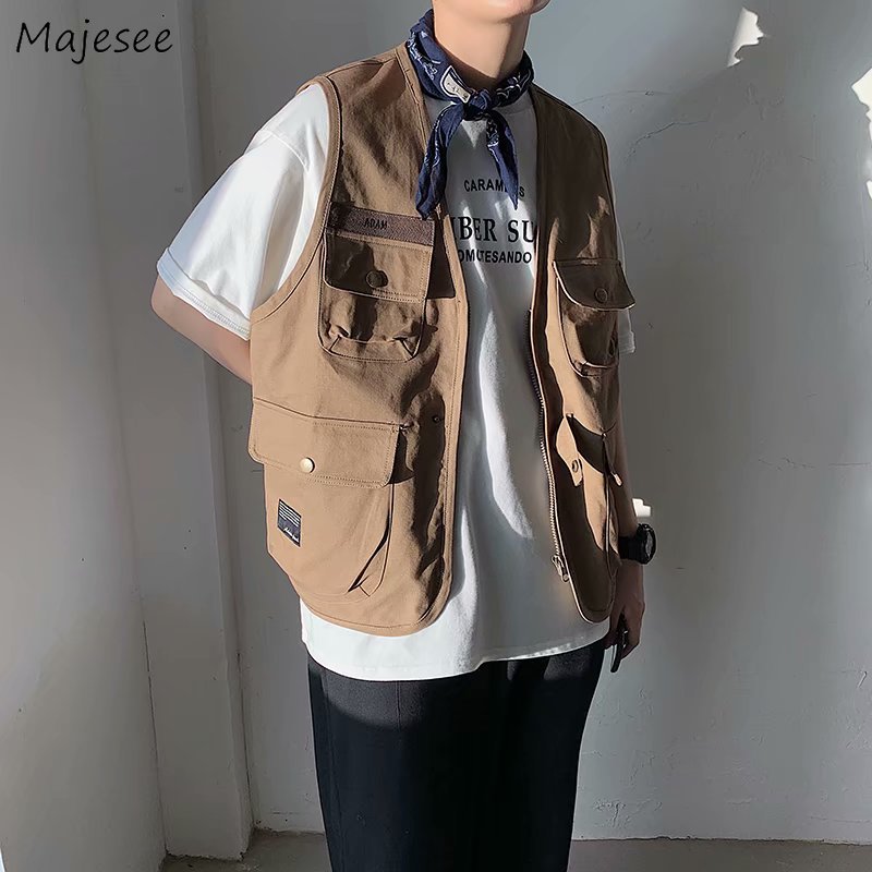 Men Vests Multi-pockets Punk Style Sleeveless Zipper Coat Retro BF Cargo Waistcoats Handsome Chic Teenager Streetwear Loose Vest