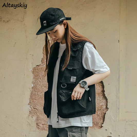 Vests Couple Women Pocket Design Cargo New Teens Japan Style Sleeveless College Unisex Summer Outwear Clothes Oversized Harajuku