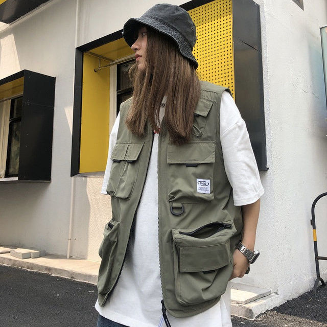 Vests Couple Women Pocket Design Cargo New Teens Japan Style Sleeveless College Unisex Summer Outwear Clothes Oversized Harajuku