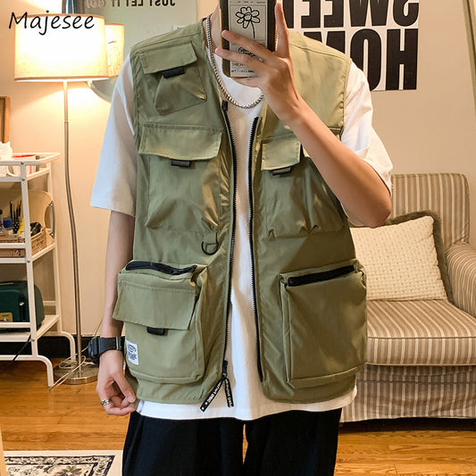 Summer High Street Cargo Vests Men Oversize M-3XL Zipper Harajuku Sleeveless Outwear Student Vintage Japan Style Waistcoats Chic