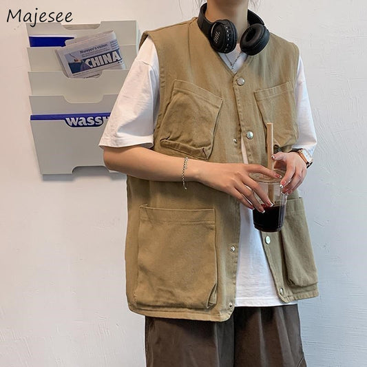 Summer Cargo Vests Oversized Multi Pockets Single Breasted Function V-neck Waistcoats Black Sleeveless Coats Teens Chic Hip-pop