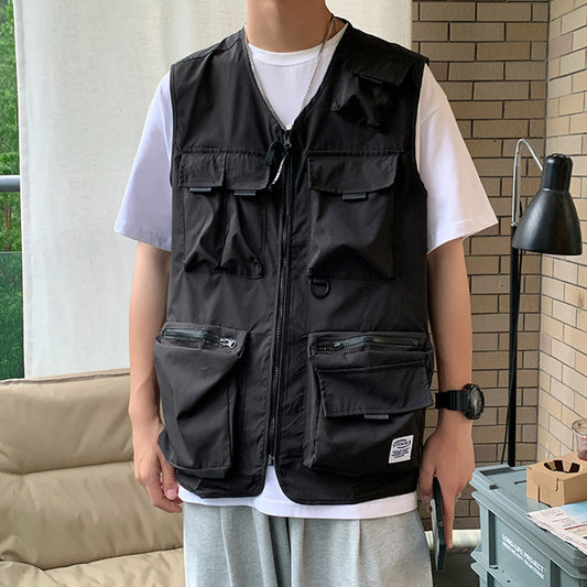 Summer High Street Cargo Vests Men Oversize M-3XL Zipper Harajuku Sleeveless Outwear Student Vintage Japan Style Waistcoats Chic