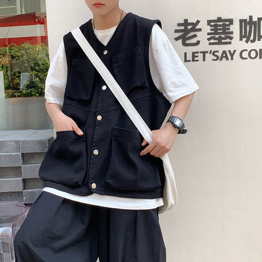 Summer Cargo Vests Oversized Multi Pockets Single Breasted Function V-neck Waistcoats Black Sleeveless Coats Teens Chic Hip-pop