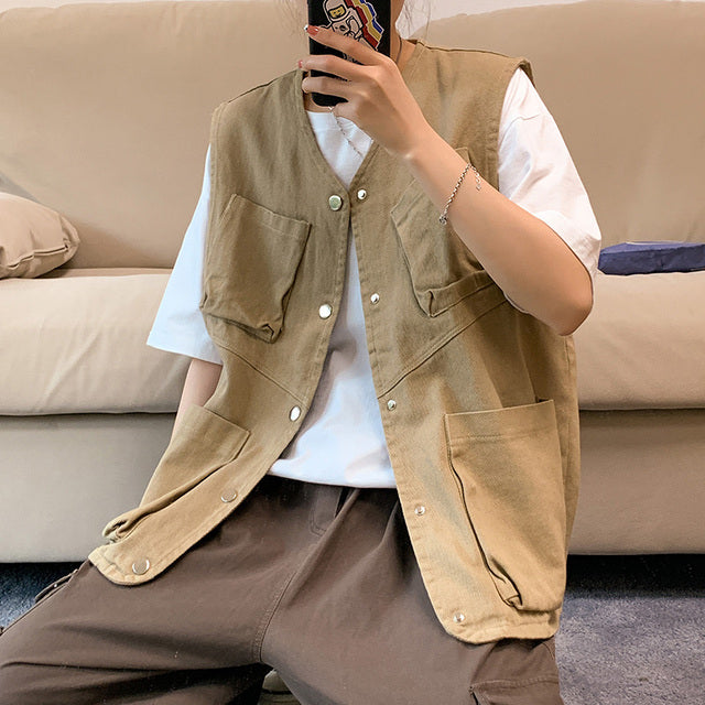 Summer Cargo Vests Oversized Multi Pockets Single Breasted Function V-neck Waistcoats Black Sleeveless Coats Teens Chic Hip-pop