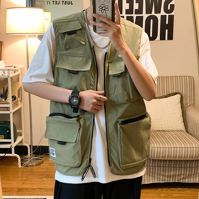 Summer High Street Cargo Vests Men Oversize M-3XL Zipper Harajuku Sleeveless Outwear Student Vintage Japan Style Waistcoats Chic