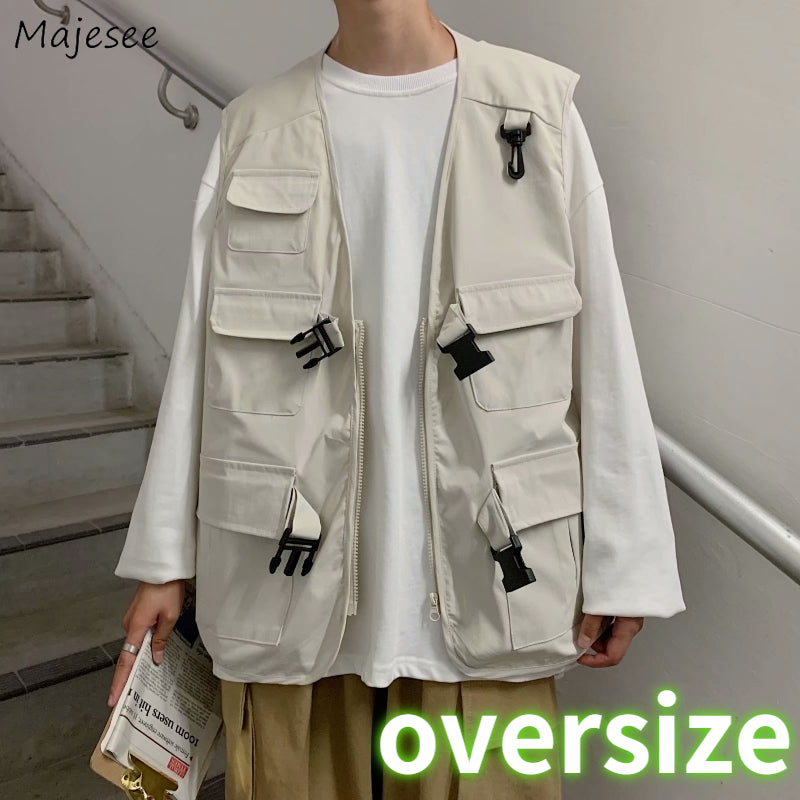 Multi-pockets Men Cargo Vests Zipper Sleeveless Coats Outwear Oversize Loose S-3XL V-neck Tactical Mens Waistcoat All-match Tops