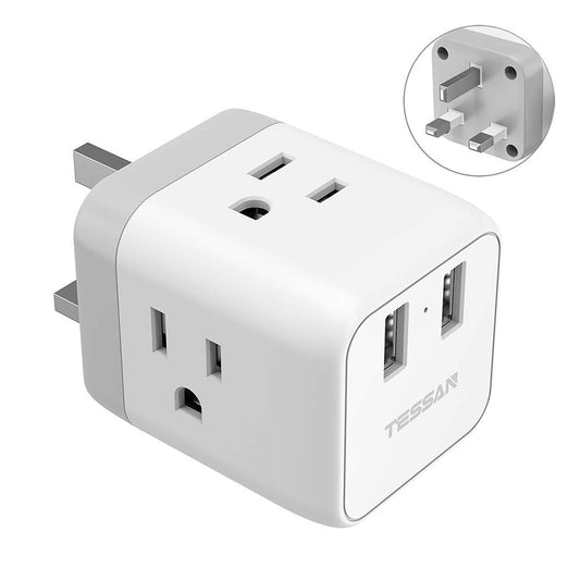 UK to US Plug Adapter with 3 American Outlets and 2 USB Charging Ports, 5 in 1 Travel USB Wall Charger